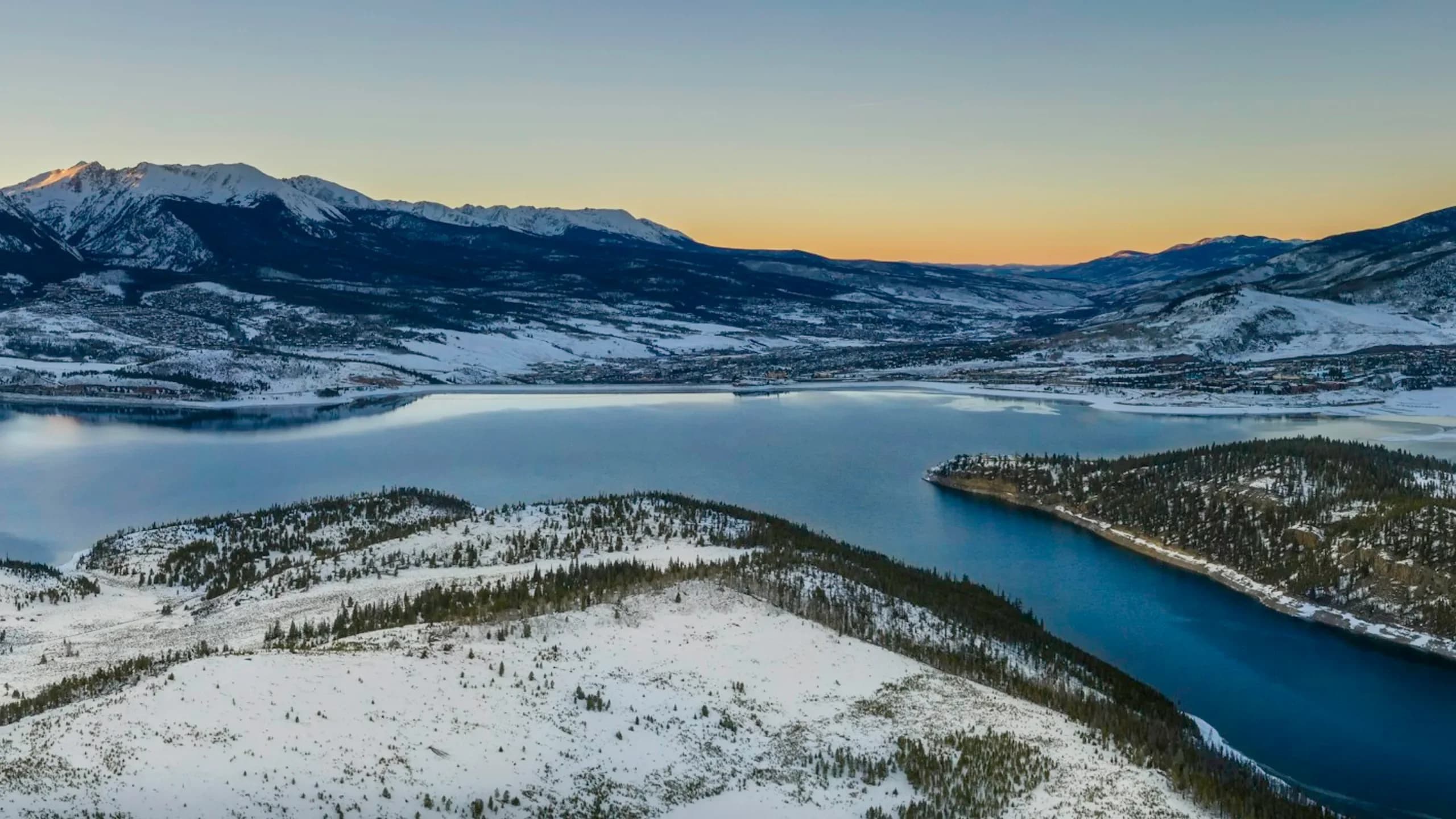 Dillon Reservoir and its mountain shoreline, photographed from Swan Mountain Road