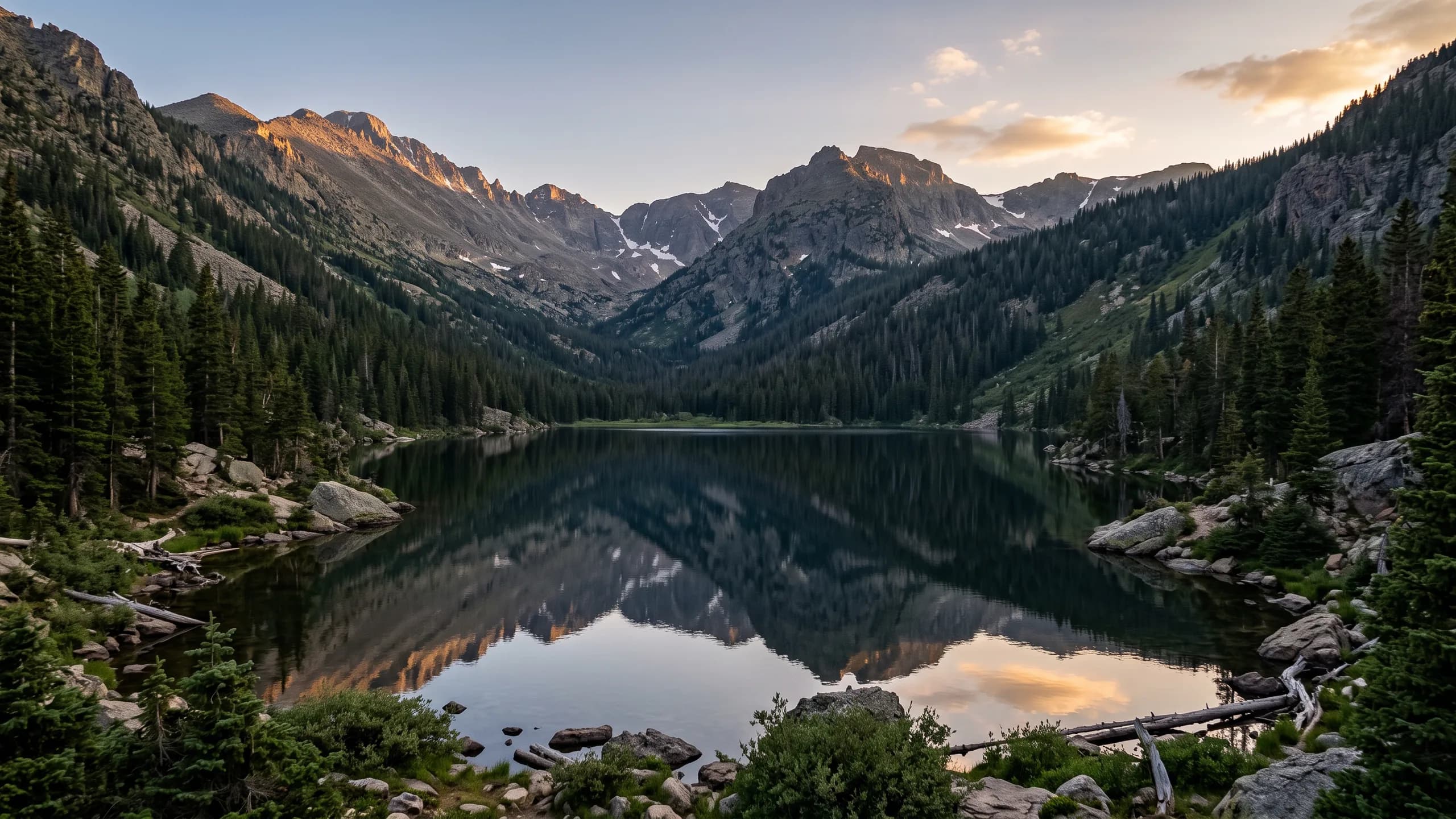 Picos alpinos reflejados en un lago en calma (ilustración de ambiente)