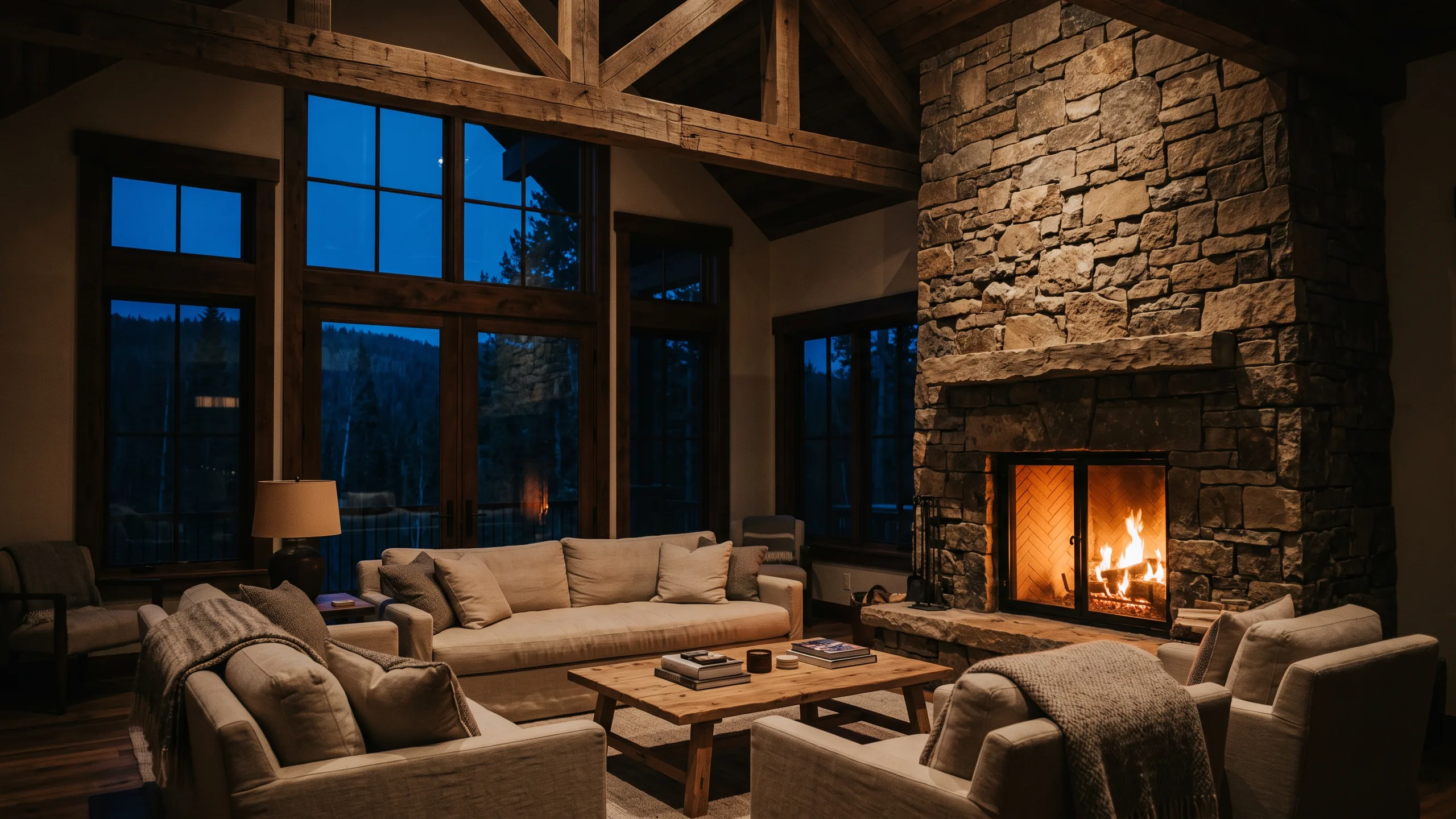 Una sala de montaña ilustrativa con chimenea de piedra de noche; no es una propiedad en venta