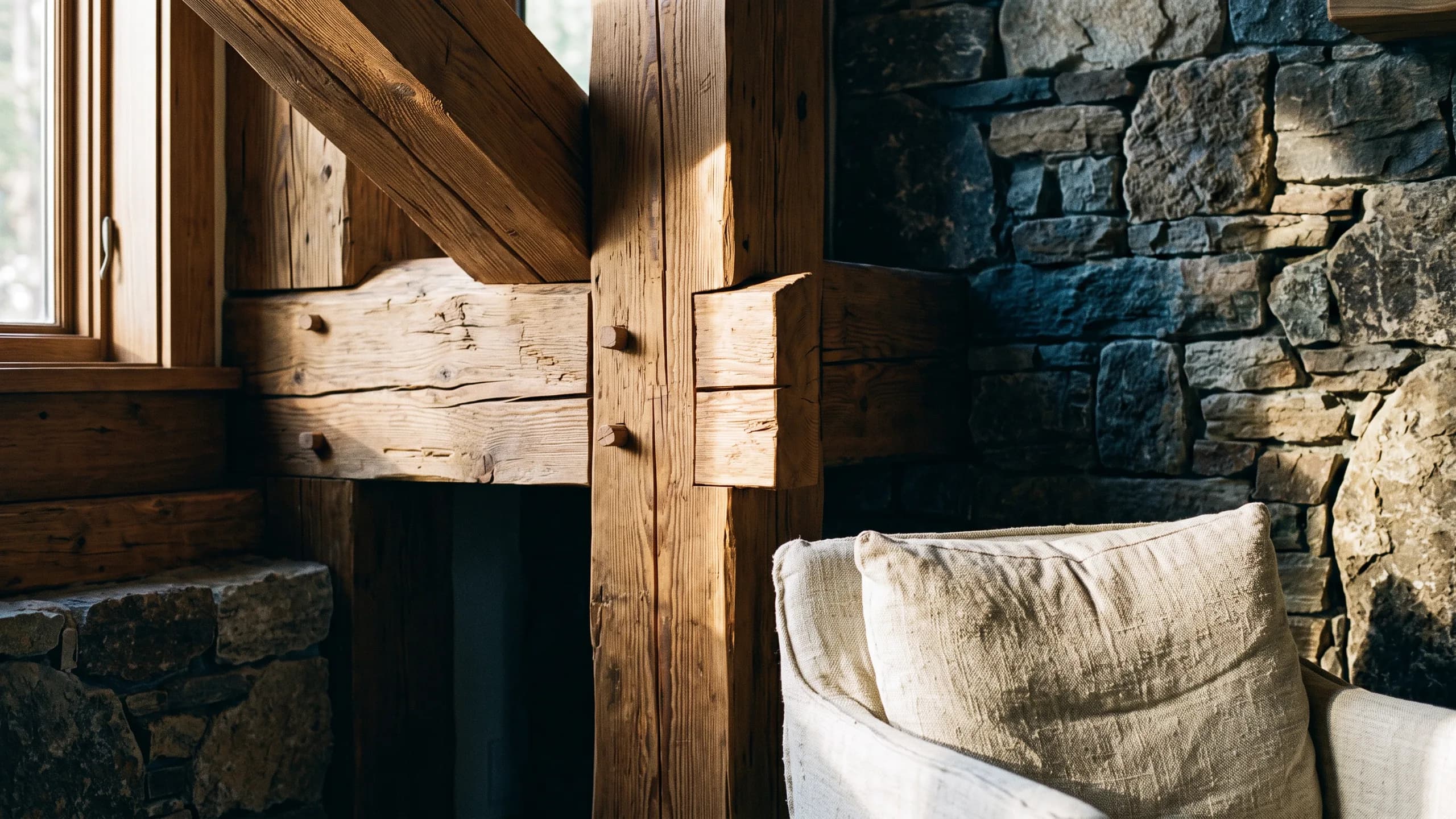Luz sobre ensambles de madera y piedra natural (un interior ilustrativo, no una propiedad en venta ni un proyecto terminado)